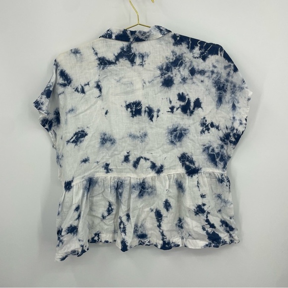 Rachael Zoe 100% linen Tie Dye Top Size Large white blue peplum Ruffle hem - Picture 4 of 7